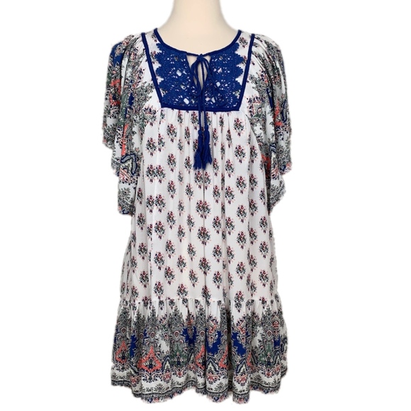 BLACK RAINN Top Paisley Short Sleeve Bohemian Gypsy Crochet Tie Blue Medium - Picture 1 of 8